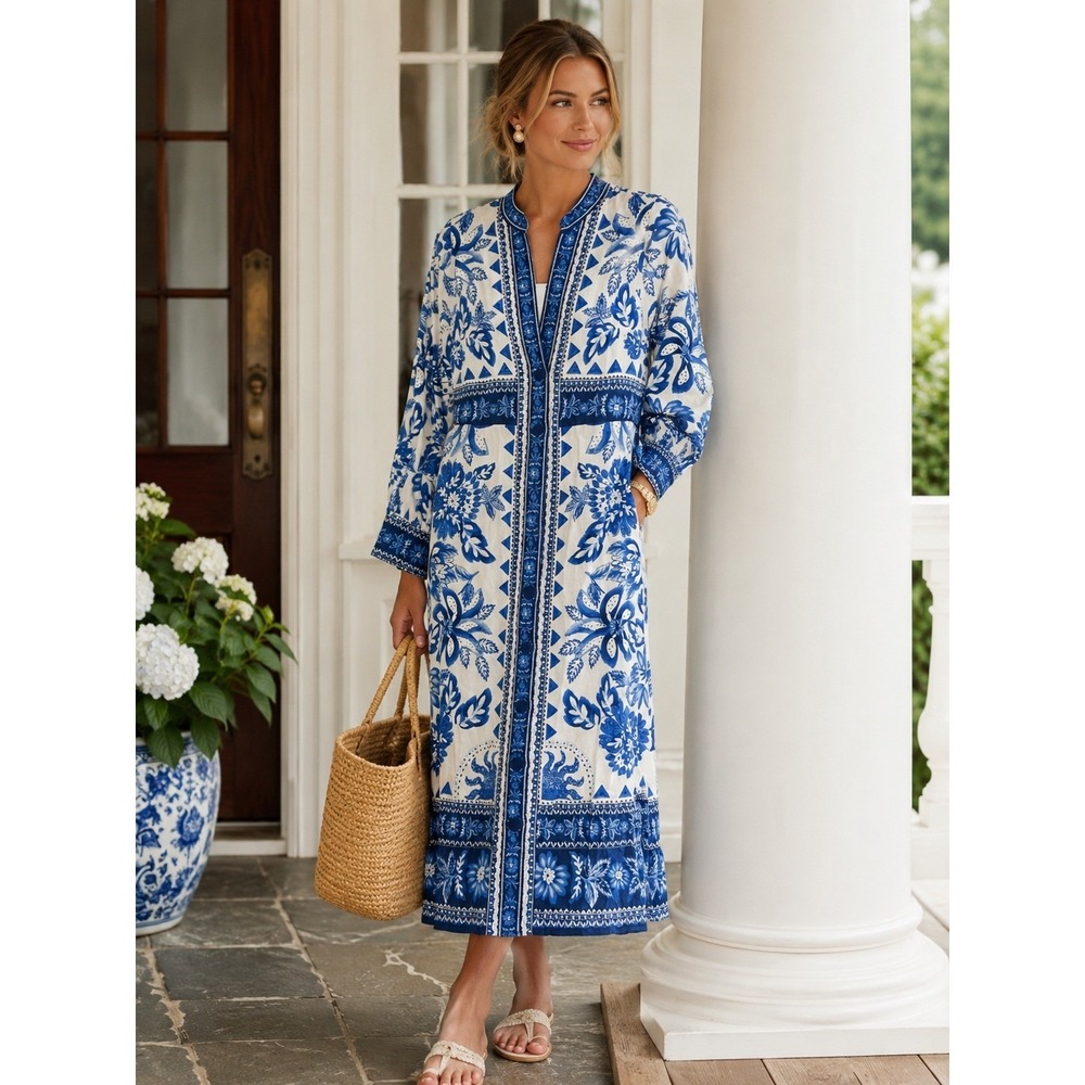 Caroline Constas Bette Maxi Dress Blue White Floral Linen Blend Button Front M